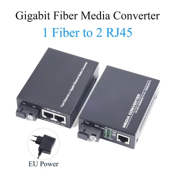 1 זוג Gigabit סיב אופטי Media Converter 10/100/1000M מצב יחיד 1 סיבים ל-2 RJ45 UPC/APC SC-פורט חיצוני עם סיבי חוט - התמונה 1  