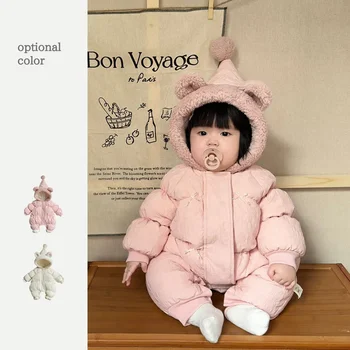 בגדי תינוקות ילדים קוריאנים חורף סרבל עם פאף שרוולים והצביע כובע בשביל בנים בנות בתוספת קטיפה Rompers חוצות - התמונה 1  