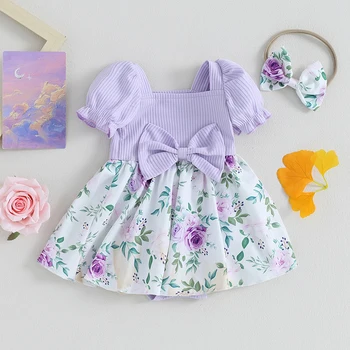התינוק הילדה Romper השמלה פאף שרוול קצר בגד גוף לפרוע פרחוני טוטו השמלה תינוק בגדי הקיץ - התמונה 1  