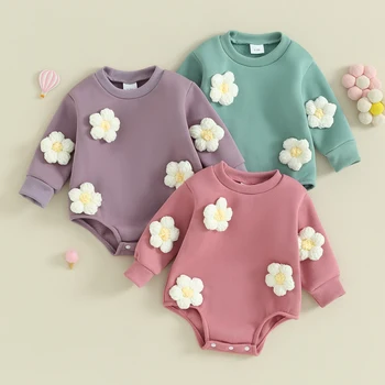 תינוק חמוד החולצה רומפר בועה שרוול ארוך צוואר צוות 3D פרח בגד סרבלים היילוד ילדה האביב ליפול בגדים - התמונה 1  