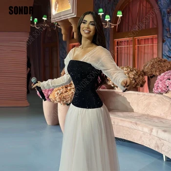 SONDR שחור/לבן מבריק שמלות ערב קו באורך רצפת פאייטים רשמי שמלת מסיבת לנשים 2024 Vestidos דה גאלה Mujer - התמונה 1  