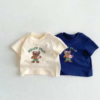 קוריאני חולצות התינוק 2023 קיץ אופנה פשוטה תינוקות בנים חולצת טי שרוול קצר קריקטורה בנות כותנה Tees הפעוט מזדמנים צמרות - התמונה 1  