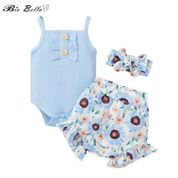 חדש בנות קיץ כחול חמוד שרוולים בגדי ילדים בנות רצועת גג +פרחים קצרים+hairband 3pcs סטים - התמונה 1  