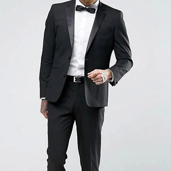 2 חתיכת שחור חתונה רשמית טוקסידו עבור חתן Slim fit חליפות גברים עם מחורצים דש זכר אופנה מעיל מכנסיים מנהג התחפושת - התמונה 1  