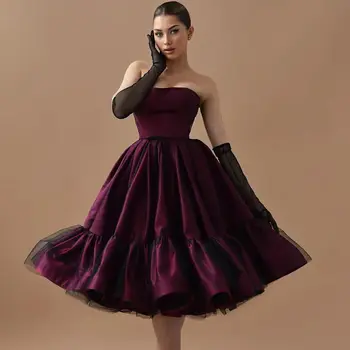 אלגנטית סטרפלס שמלות נשף נשים קפלים חצאית קצרה שמלות ערב ללא שרוולים מסיבת קוקטייל שמלת חג המולד vestidos נוביה - התמונה 1  