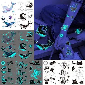 זוהר כחול כהה לוויתן קעקועים זמניים עבור נשים זוהרות נחש החתול קעקוע מזויף מדבקה בני נוער הפנים Tatoos מסיבה טובה סטים 3D - התמונה 1  