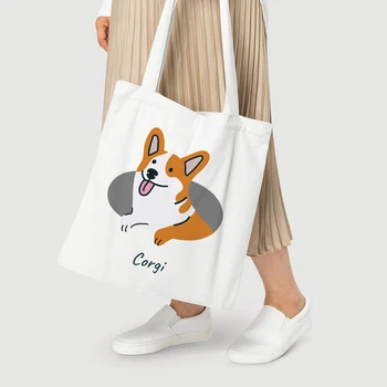 כלבים להדפיס כותנה Canva תיק כתף אופנה נשית תיק לבן קיבולת גדולה שקיות בד פראי תיק נסיעות נשים קניות שקית - התמונה 1  