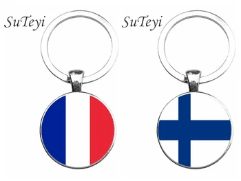 SUTEYI צרפת/פינלנד דגל, מחזיק מפתחות המכונית תכשיטים מכסף צבע זכוכית אמנות צילום דגל מפתח שרשרת מנות מפתח טבעת לגברים מתנה - התמונה 1  