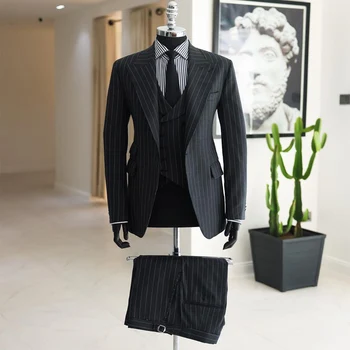 פסים חליפות גברים לעסקים 2024 3 יח 'טוקסידו לחתונה בהזמנה אישית החתן האופנה הגברי תחפושת (ז' קט + מכנסיים + וסט) - התמונה 1  