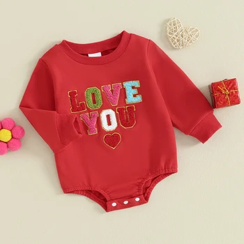 בייבי בנות יום האהבה רומפר שרוול ארוך צוואר צוות מכתב רקמה החולצה Bodysuits תינוק חמוד סרבלים, בגדים - התמונה 1  
