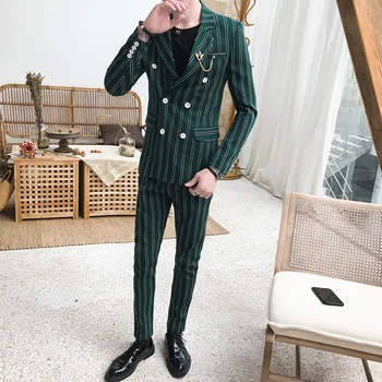 חדש (קט+ מכנסיים גברים של האופנה עסקים קוריאני גרסה ג ' נטלמן מזדמנים בסגנון בריטי כפול עם חזה פסים 2-piece סט - התמונה 1  