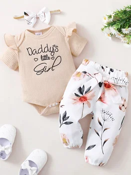 3PCS תינוקות תינוקת אופנה בגדים 0-18M פעוטה פרחוני בגדים שרוול קצר רומפר+מכנסיים+סרט - התמונה 1  