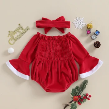תינוק בייבי בנות תלבושות חג מולד בגדי הגוף Ruched קטיפה רומפר חמוד סט חורף תינוק בגדי חג המולד תלבושת - התמונה 1  