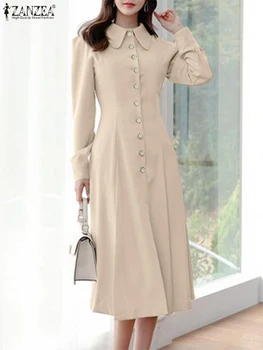 ZANZEA נשים סלים קו-שמלה גלימה רשמית דש המשרד Midi שמלה 2023 סתיו אלגנטי מוצק כפתור שרוול ארוך Vestidos אופנה - התמונה 1  
