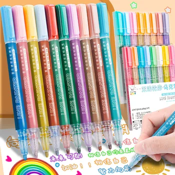 8 צבעים כפול קו המתאר העט מתכתי צבע מדגיש נצנצים עט סימון על אמנות הציור כתיבה וציוד לבית הספר - התמונה 1  