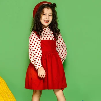 בנות כתפיות שמלת האביב החדש של הילדים הקוריאני גירסה אדומה מנוקדת החולצה שני חלקים סט - התמונה 1  