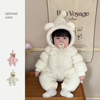 בגדי תינוקות ילדים קוריאנים חורף סרבל עם פאף שרוולים והצביע כובע בשביל בנים בנות בתוספת קטיפה Rompers חוצות - התמונה 2  