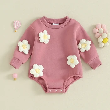 תינוק חמוד החולצה רומפר בועה שרוול ארוך צוואר צוות 3D פרח בגד סרבלים היילוד ילדה האביב ליפול בגדים - התמונה 2  