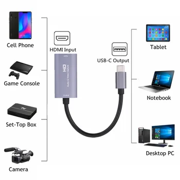 HDMI-compatble להקליד C-Audio כרטיס לכידת וידאו 1080P 30fps USB-C כרטיס לכידת עבור משחקי וידאו בשידור חי להקליט - התמונה 2  