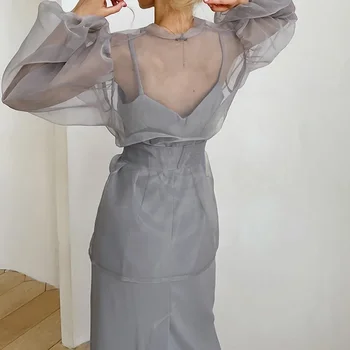 PASSIONNÉ פרספקטיבה רשת חולצות לנשים V-צוואר שרוול ארוך שרוכים חולצה נשית סקסית סגנון 2023 סתיו אופנה חדש - התמונה 2  