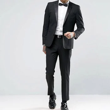 2 חתיכת שחור חתונה רשמית טוקסידו עבור חתן Slim fit חליפות גברים עם מחורצים דש זכר אופנה מעיל מכנסיים מנהג התחפושת - התמונה 2  