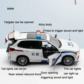 1/32 ב. מ. וו X5 M משטרה מכונית סגסוגת Diecast מודל בקנה מידה צעצוע מחוץ לכביש רכב הדלת ניתן לפתוח קול אור דקורטיבי מתנות לילדים - התמונה 2  