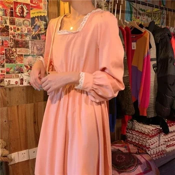 שמלות נשים מתוק עדין כיכר קולר תחרה בסגנון קוריאני ארוך פנס שרוול חדש האביב חופשי אופנתי נקבה Vestidos טלאים - התמונה 2  
