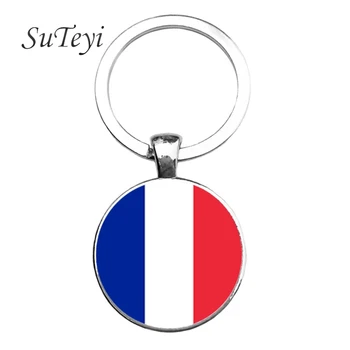 SUTEYI צרפת/פינלנד דגל, מחזיק מפתחות המכונית תכשיטים מכסף צבע זכוכית אמנות צילום דגל מפתח שרשרת מנות מפתח טבעת לגברים מתנה - התמונה 2  
