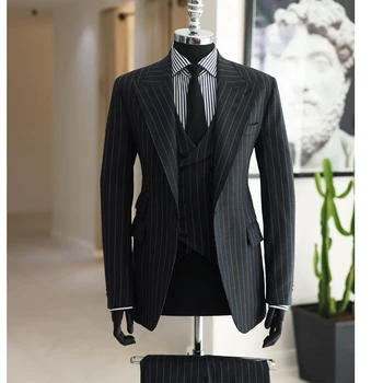 פסים חליפות גברים לעסקים 2024 3 יח 'טוקסידו לחתונה בהזמנה אישית החתן האופנה הגברי תחפושת (ז' קט + מכנסיים + וסט) - התמונה 2  