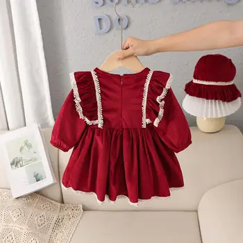 2023 חורף חדשים השמלה של הילדה קשת תחרה עיצוב Spainsh לוליטה נסיכה, שמלת נשף בנות יום ההולדת הטבילה חג המולד, השמלה האדומה L1941 - התמונה 2  