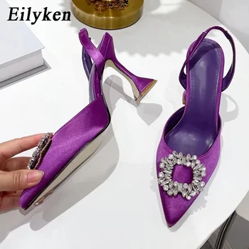 Eilyken אופנה קריסטל מחודד בוהן אישה משאבות סגנון רחוב עקבים סנדלים סקסיים רדוד Slingback החתונה נקבה נעליים - התמונה 2  