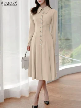 ZANZEA נשים סלים קו-שמלה גלימה רשמית דש המשרד Midi שמלה 2023 סתיו אלגנטי מוצק כפתור שרוול ארוך Vestidos אופנה - התמונה 2  