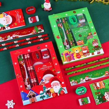 6Pcs/סט חג המולד כתיבה להגדיר מחדד עפרונות מחקים ילדים עפרונות מתנה Kawaii 