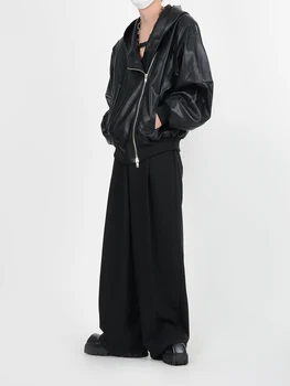אפל האוונגרד סגנון הבגדים המפורקת רוכסן ברדס עור PU מעיל רופף מעיל לגברים - התמונה 2  