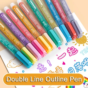 8 צבעים כפול קו המתאר העט מתכתי צבע מדגיש נצנצים עט סימון על אמנות הציור כתיבה וציוד לבית הספר - התמונה 2  