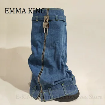 נשים מתכת מנעול ג ' ינס מגפי נשי עגול הבוהן הגדלת גובה הברך גבוה אתחול האופנה Zip הצד התחתונה עבה מגפי בוקרים גדול 44 - התמונה 2  