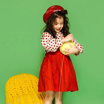 בנות כתפיות שמלת האביב החדש של הילדים הקוריאני גירסה אדומה מנוקדת החולצה שני חלקים סט - התמונה 2  