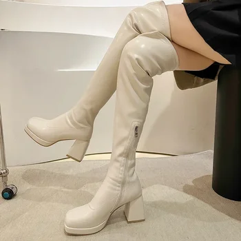 נשים ירך גבוהה מגפי פלטפורמה בלוק עקבים גבוהים מעל הברך מגפיים Zip סקסי זמן חדשה נעלי מגפי נשים פאטוס דה Mujer - התמונה 2  